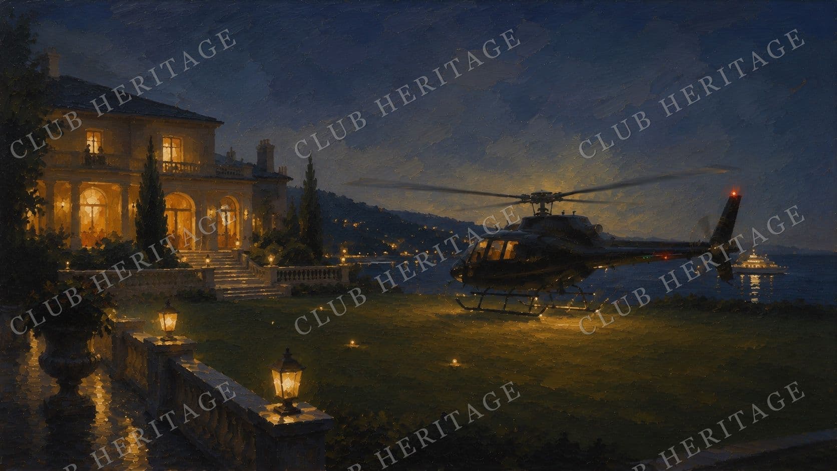 Estate Arrival — a helicopter settles on the lawn of a lakeside villa at dusk